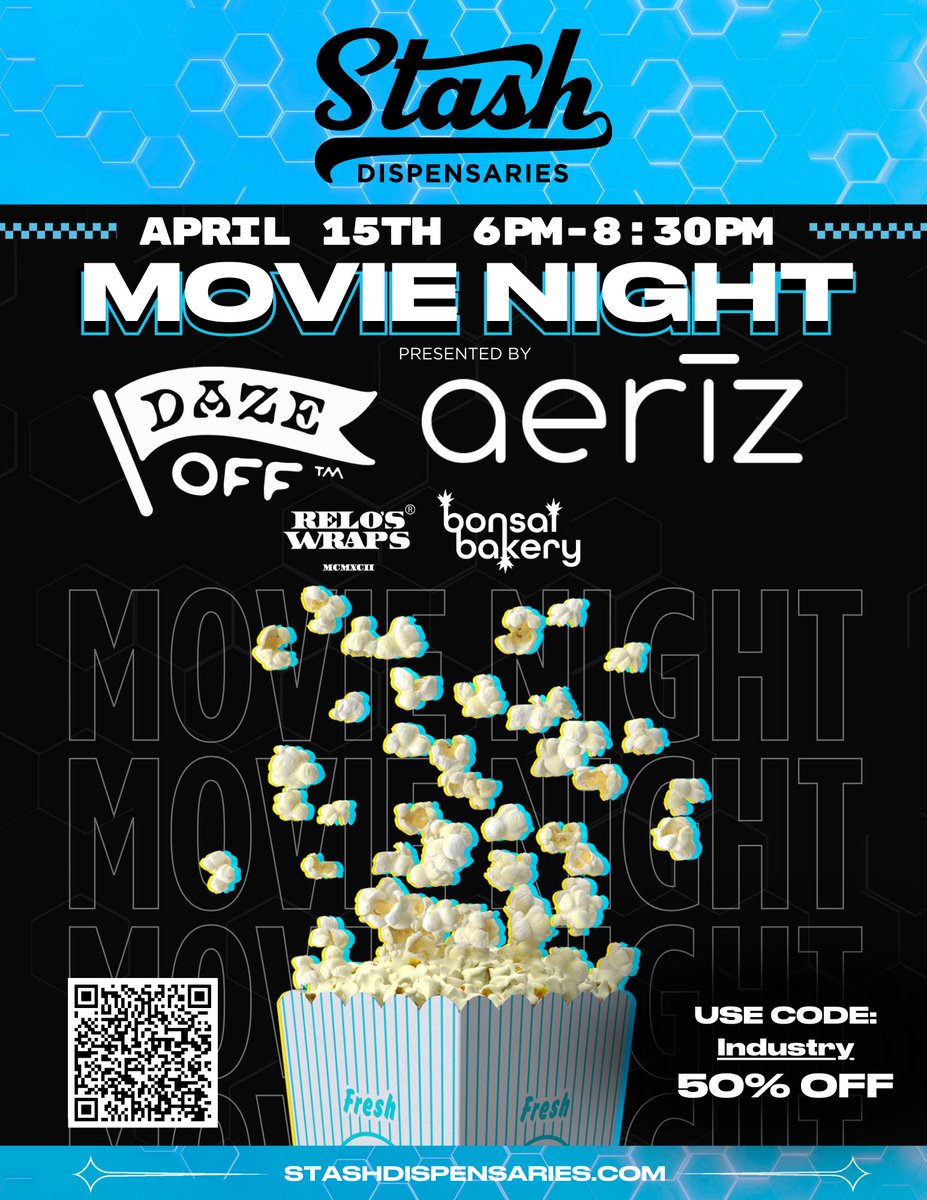 The collab we all been waiting for ! Aeriz   x daze off x stash 
We’re running it up again ! 🔥

Join us on Tuesday, April 15th from 6 PM to 8:30 PM for a cozy evening filled with good vibes and great films! 🍿🍃

Limited tickets available. 21+.
Don’t miss out—grab yours now!