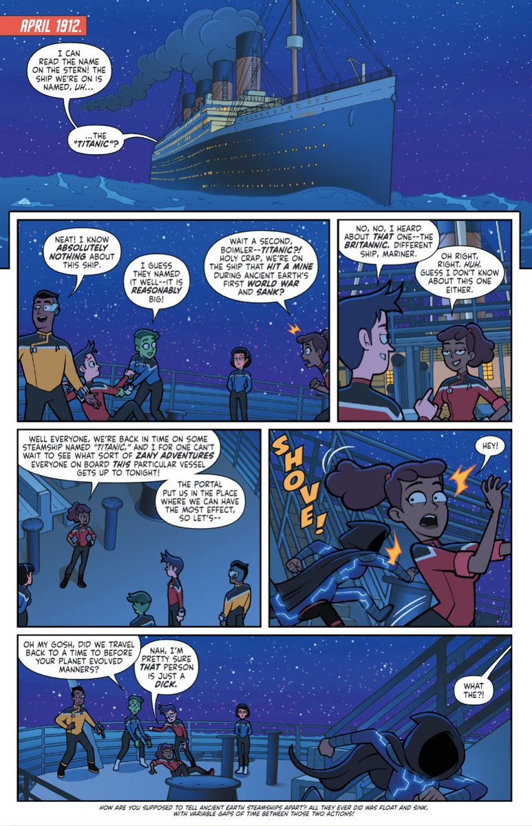 IDWPublishing's tweet photo. #Mariner, #Rutherford, #Tendi, & #Boimler have ended up on the #Titanic!
The time traveler who’s responsible for a deadly wave of Federation rewrites is still at large, and the #LowerDeckers are now further than ever from stopping them.
#StarTrek: #LowerDecks #6 is at LCS! https://t.co/7dS9xpUQeU