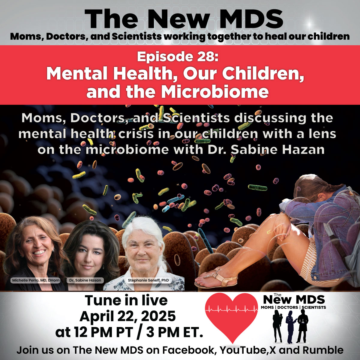 TheNew_MDS's tweet photo. Please join the New MDS on April 22 - Moms, Doctors, and Scientists discussing the mental health crisis in our children with a lens on the microbiome with Dr. Sabine Hazan.
X - https://t.co/KIWiE8h5Qy
Facebook - https://t.co/a2ApLabScl
Rumble - https://t.co/RvBZMMUcmJ https://t.co/CxEeJq1Uq9