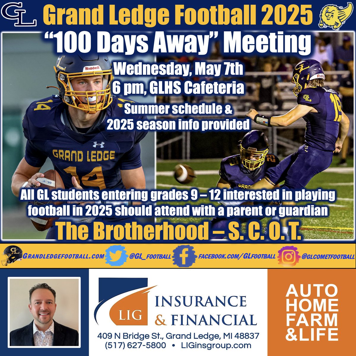 “100-Days-Away” Meeting: Wednesday, May 7th, GLHS cafeteria at 6 pm! 

Incoming GLHS 9-12 students ONLY. 

Players interested plan to attend with parent or guardian. Middle School meeting for incoming 7th and 8th graders will be announced soon.