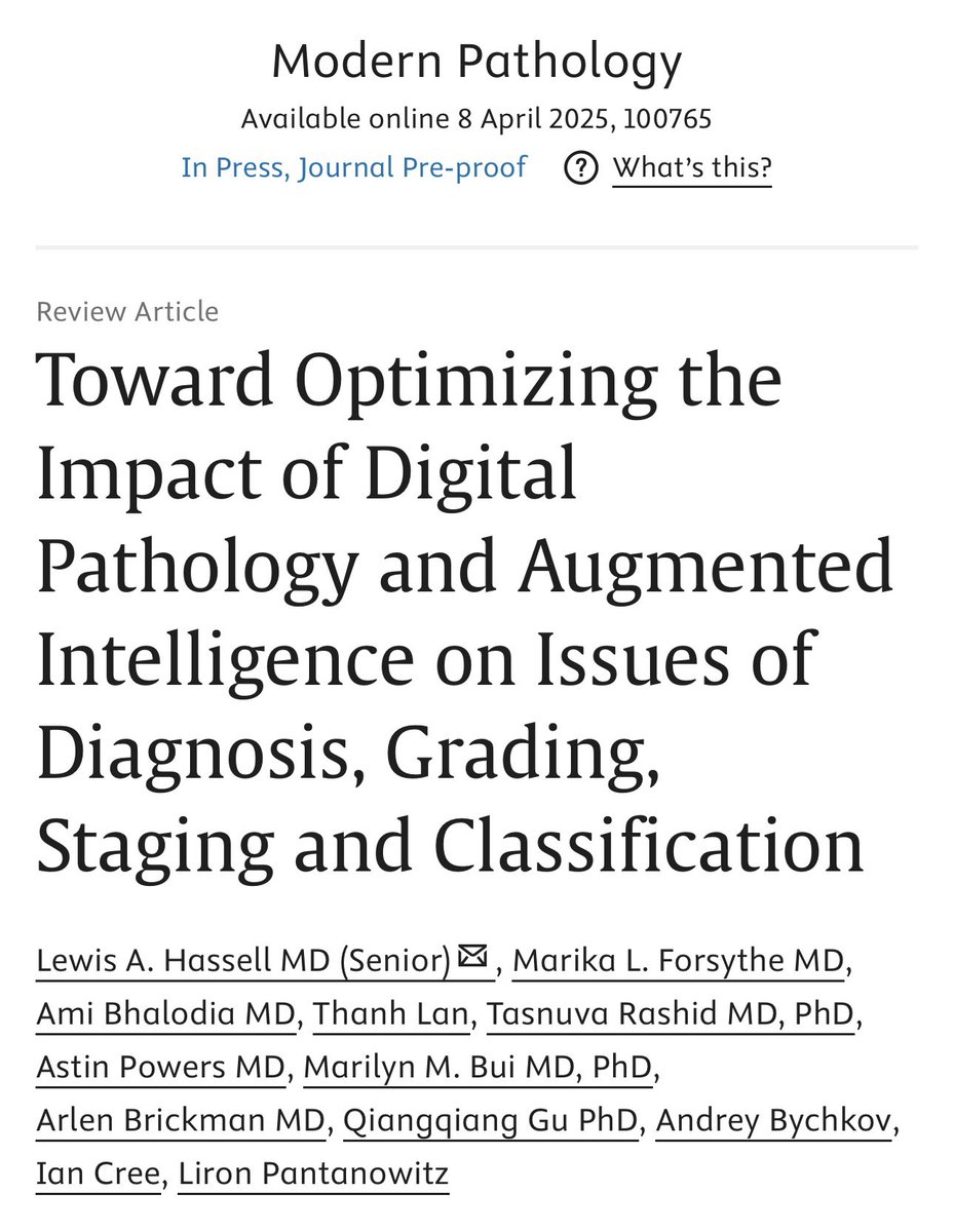DrBuiPathology's tweet image. 🎉Congratulations! The DPA paper, “Toward Optimizing the Impact of Digital Pathology and Augmented Intelligence on Issues of Diagnosis, Grading, Staging and Classification”, is officially published! 
doi.org/10.1016/j.modp… #digitalpathology #AI #PrecisionPathology