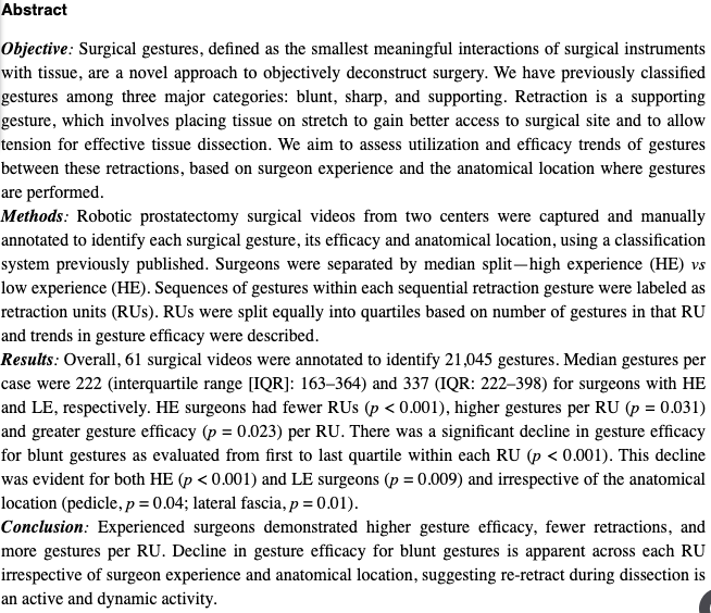 Department of Urology at Cedars-Sinai (@cs_urology) on Twitter photo 🚨Retraction in robotic surgery🚨
👉Retraction is critical in surgery
📜New paper by <a href="/AjhungMD/">Andrew J. Hung, MD</a>
✅More experienced surgeons retract tissue more efficiently, allowing more impactful surgical gestures between retractions
🔗shorturl.at/WXfud 🚨Retraction in robotic surgery🚨
👉Retraction is critical in surgery
📜New paper by <a href="/AjhungMD/">Andrew J. Hung, MD</a>
✅More experienced surgeons retract tissue more efficiently, allowing more impactful surgical gestures between retractions
🔗shorturl.at/WXfud