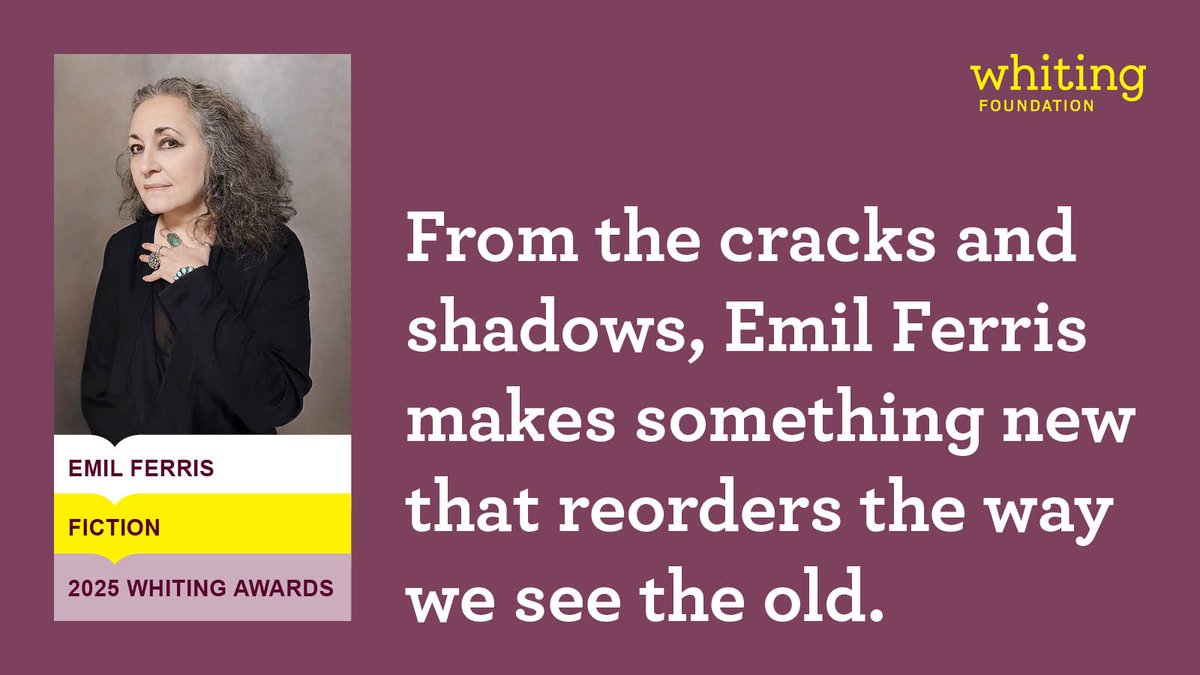 Whiting Foundation (@whitingfdn) on Twitter photo Congratulations to <a href="/Emilferrisdraws/">Emil Ferris</a>, winner of a 2025 Whiting Award for Fiction!
whiting.org/awards/winners… Congratulations to <a href="/Emilferrisdraws/">Emil Ferris</a>, winner of a 2025 Whiting Award for Fiction!
whiting.org/awards/winners…