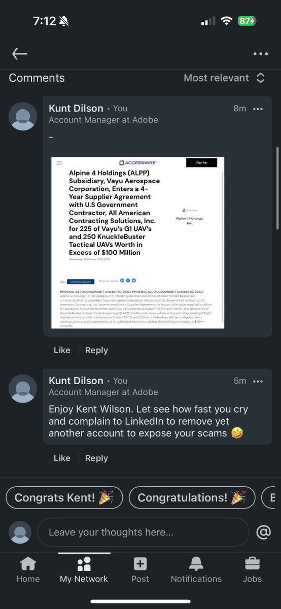 KentFraudWilson's tweet photo. Everybody, show the world on LinkedIn who Kent Wilson really is. I’m pretty sure he deleted his account by now. Let’s make the new CEO famous. Post also on all stock forum board. @DynamicAeroSys @alpine4holdings $ALPP $BRQL https://t.co/vTjqHKTzij