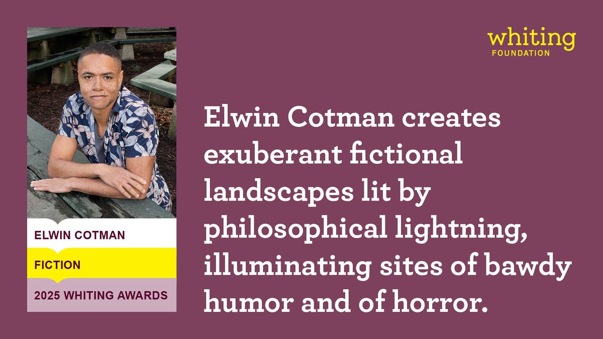 Whiting Foundation (@whitingfdn) on Twitter photo Congratulations to <a href="/BlackFlaneur/">Elwin Cotman</a>, winner of a 2025 Whiting Award for Fiction! whiting.org/awards/winners… Congratulations to <a href="/BlackFlaneur/">Elwin Cotman</a>, winner of a 2025 Whiting Award for Fiction! whiting.org/awards/winners…