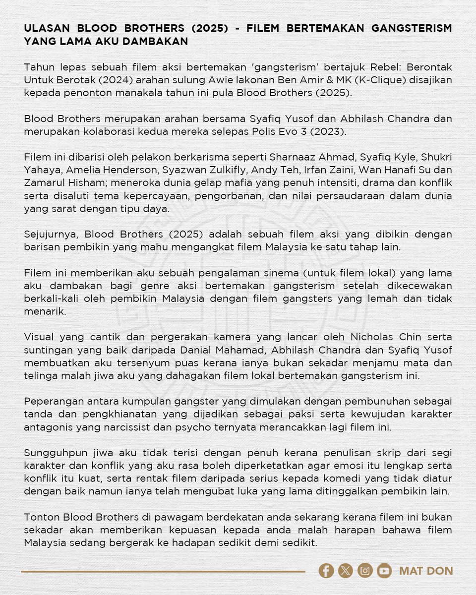 Don_Aziz's tweet photo. Blood Brothers (2025) memberikan aku sebuah pengalaman sinema (untuk filem lokal) yang lama aku dambakan bagi filem bertemakan gangsterism setelah dikecewakan berkali - kali  dengan filem gangsters yang lemah &amp; tidak menarik. 

Ulasan penuh di bawah.

#sinematdon
#BloodBrothers https://t.co/Kt6c6KysPZ