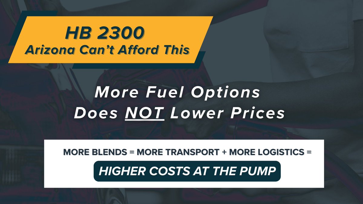 WSPA (@officialwspa) on Twitter photo Supporters of #HB2300 say more fuel blends mean lower prices. WRONG!
More blends mean:
📈More transportation costs
📈More logistical chaos
📈Higher prices for consumers
💡Real solutions require real infrastructure—not political gimmicks. <a href="/AZHouseGOP/">Arizona House Republicans</a> <a href="/AZSenateGOP/">AZSenateRepublicans</a> #AZLeg Supporters of #HB2300 say more fuel blends mean lower prices. WRONG!
More blends mean:
📈More transportation costs
📈More logistical chaos
📈Higher prices for consumers
💡Real solutions require real infrastructure—not political gimmicks. <a href="/AZHouseGOP/">Arizona House Republicans</a> <a href="/AZSenateGOP/">AZSenateRepublicans</a> #AZLeg