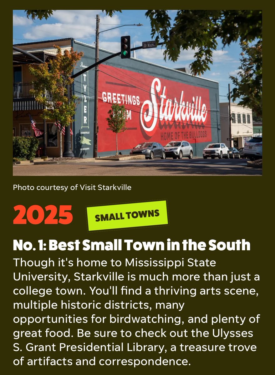 Starkville_PD's tweet image. We already knew we’re the best small town in the South… but now it’s official. Again.

@USATODAY just named Starkville the Best Small Town in the South for the second year in a row, and we’re not saying we’re proud, but… okay, yeah—we’re very proud.

Thanks to everyone who…