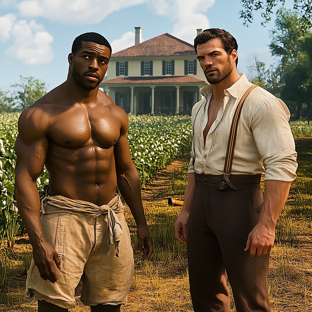 historyhadpower's tweet photo. The master of the cotton plantation has given his overseer full license to indulge himself whenever that hunger of desire became to great. All that black muscle was intoxicating. #GayBDSM #RacePlay #BlackMuscle #MenPutToLabor https://t.co/C0O2tKgmlL