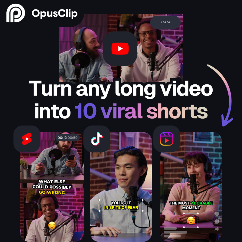 OpusClip's tweet photo. OpusClip AI turns any long video into viral shorts &amp; posts it directly to your social accounts. 
🎙Podcasts and Interview-style content
🤳 Vlogs and YouTube videos
🖥 Zoom meetings / webinars
🔥 Marketing videos

Don't sleep on this. Try OpusClip today, you'll be amazed.
