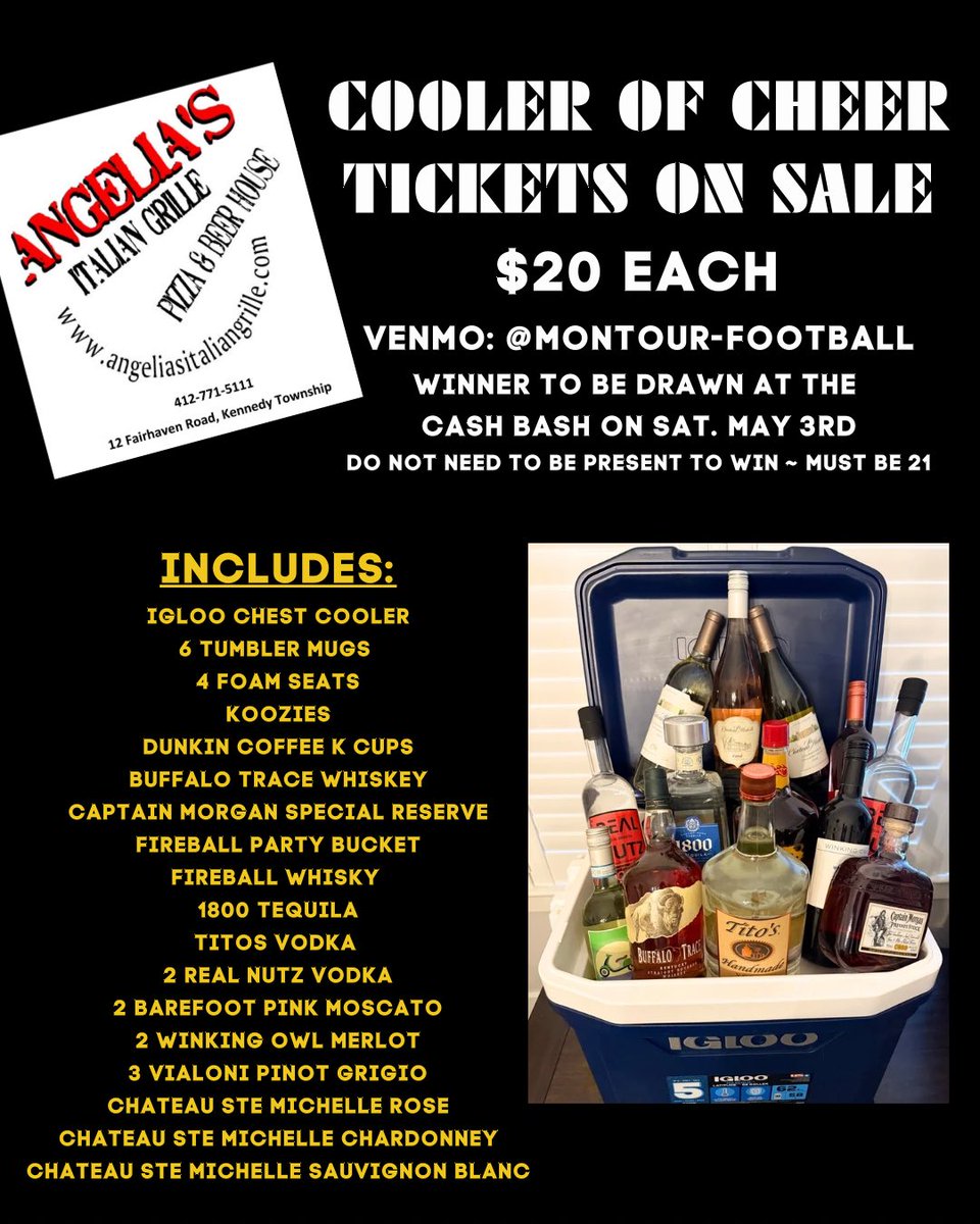 💰The CASH BASH is almost here!Who’s ready to get their CHEER ON?🍻🍷🍸

COOLER OF CHEER tickets are now available for purchase!

➡️ Check out what’s included (A LOT)!

A HUGE THANK YOU to Angelia’s for this very generous donation and supporting the Montour Football 🖤💛🏈