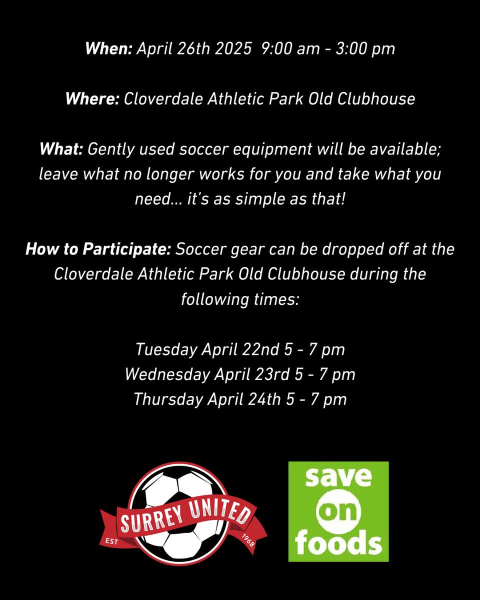 Our annual Gear Swap is here! Clean out the garage, clean out the trunk of the car (we know soccer boots go here to die!) and bring your gently used gear back to life for someone new. 

New this year includes a contest entry for teams who can win $100 <a href="/saveonfoods/">Save-On-Foods</a> gift card
