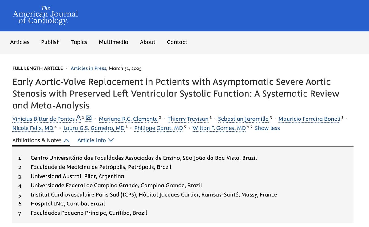 vinibdepontes's tweet photo. Excited to share our latest paper published in @AmJCardio 

We analyzed 7 studies (2,531 patients) to better understand the role of early #AorticValve replacement in asymptomatic severe aortic stenosis with preserved LV function.

Pleasure to work with this team. https://t.co/tibtmMA3kA
