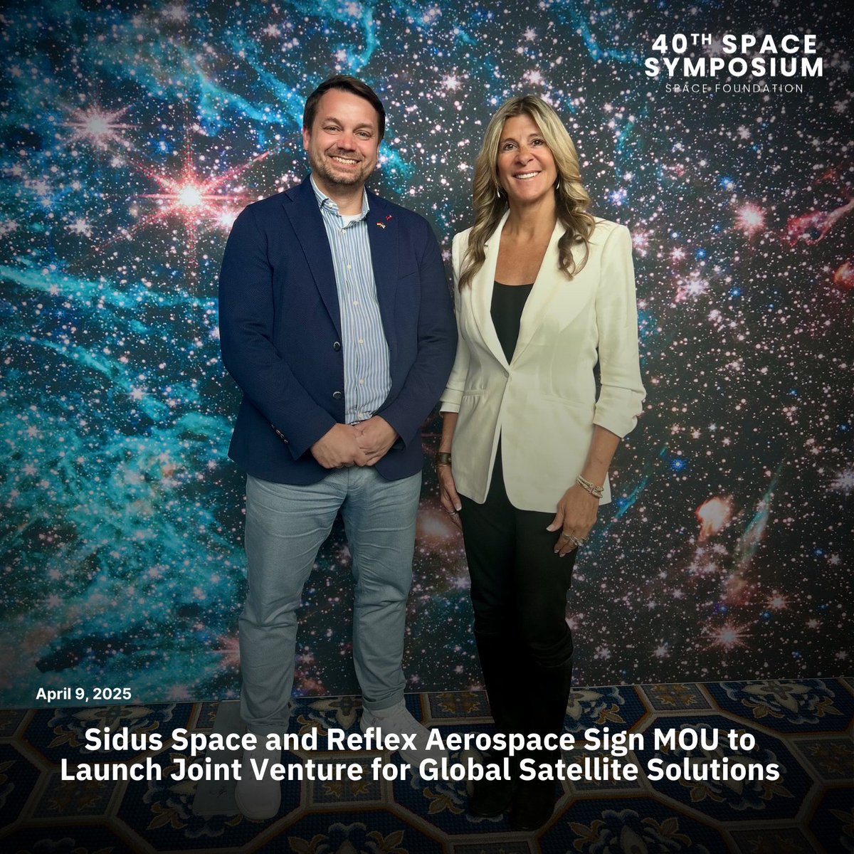 Sidus Space (@sidusspace) on Twitter photo Sidus Space and Reflex Aerospace Sign MOU to Launch
Joint Venture for Global Satellite Solutions đź”—: brnw.ch/ReflexSIDU
$SIDU #SidusSpace #40thSpaceSymposium <a href="/SpaceFoundation/">Space Foundation</a> #SidusNews
📸: Dennis Moore, COO of Reflex Aerospace, and Carol Craig, CEO of Sidus Space Sidus Space and Reflex Aerospace Sign MOU to Launch
Joint Venture for Global Satellite Solutions đź”—: brnw.ch/ReflexSIDU
$SIDU #SidusSpace #40thSpaceSymposium <a href="/SpaceFoundation/">Space Foundation</a> #SidusNews
📸: Dennis Moore, COO of Reflex Aerospace, and Carol Craig, CEO of Sidus Space