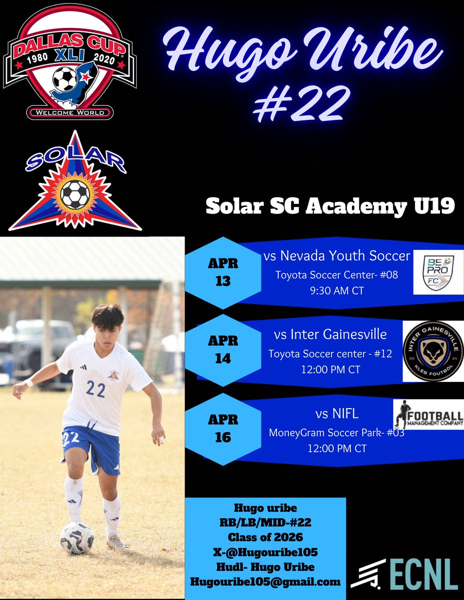 Dallas Cup is soon ‼️ come out and support Solar Academy u19!
<a href="/dallascup/">Dallas Cup ⚽️</a> <a href="/ECNLboys/">ECNL Boys</a> <a href="/SolarSoccerClub/">Solar Soccer Club</a>  #footy #collegesoccer