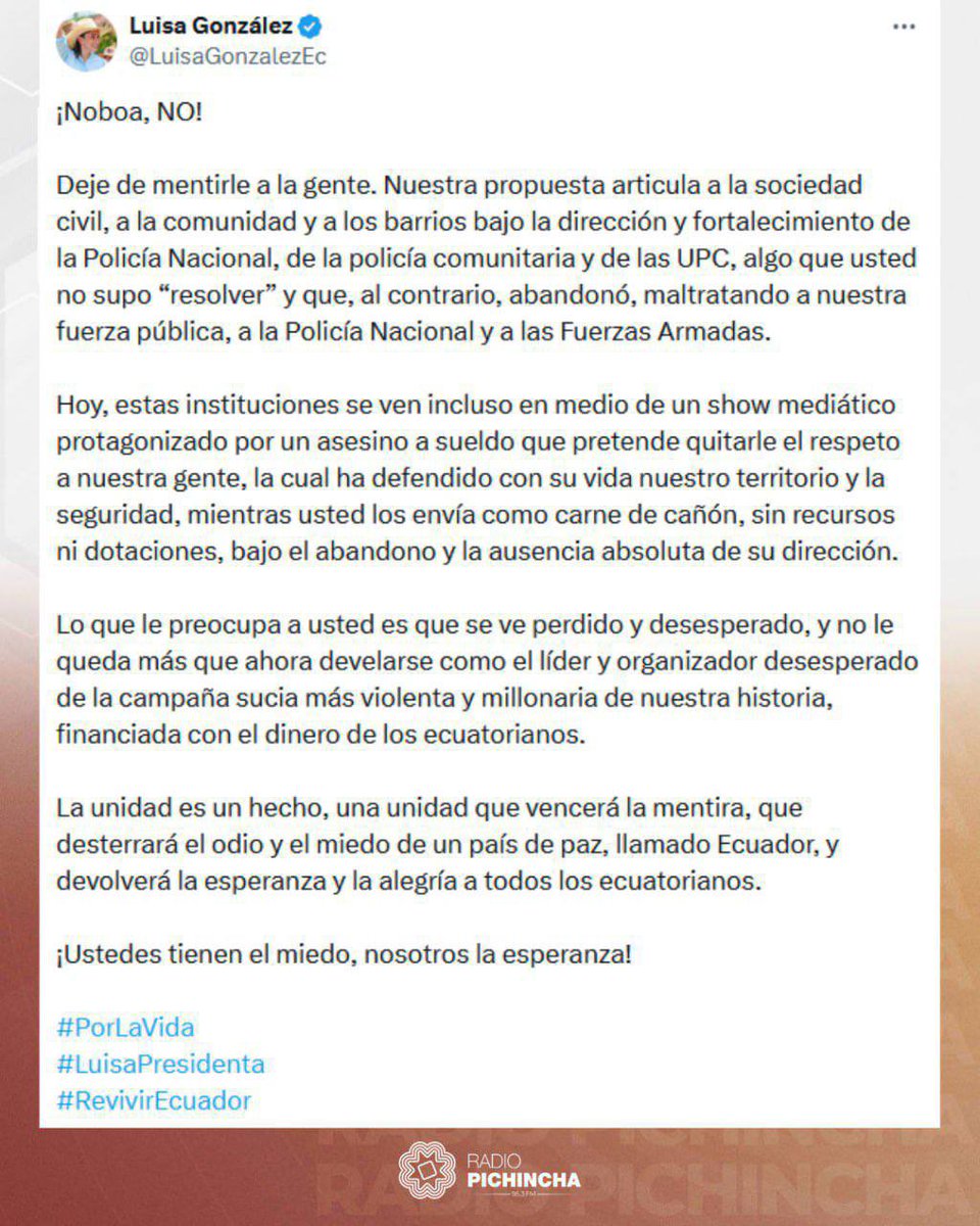 RC5Oficial's tweet photo. #PorLaVida 
#LuisaPresidenta 

¡Noboa, NO! https://t.co/EyhzlXWPnD