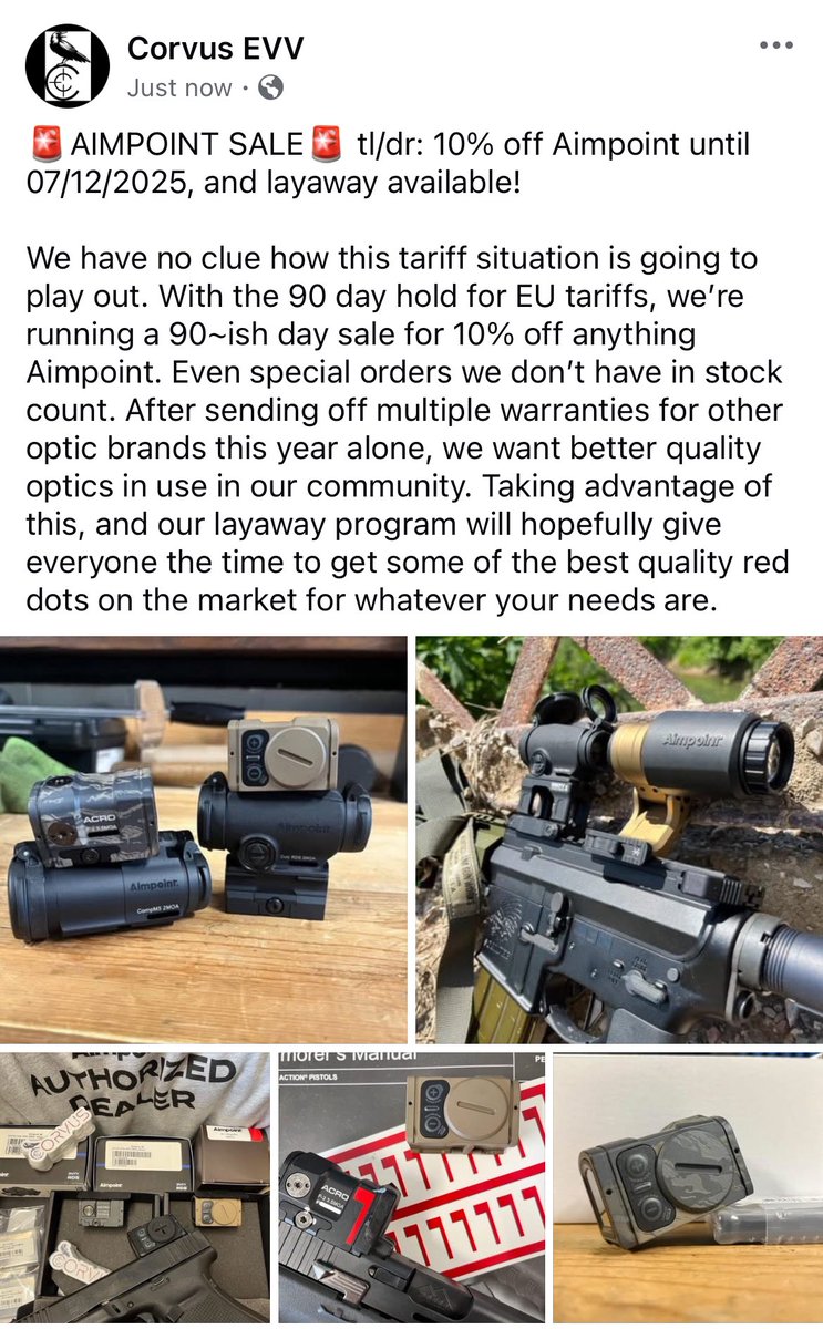 Corvus_evv's tweet photo. 🚨AIMPOINT SALE🚨 tl/dr : 10% off Aimpoint until 07/12/2025, and layaway available! https://t.co/yBYfMAZFVr