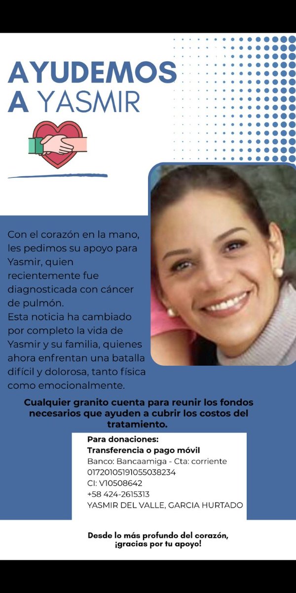 Hoy vengo a tocar la puerta del corazón de cada uno de ustedes, para que por favor me ayuden ya sea aportando un granito o difundiendo 🥺🙏🏻

Es una familiar que está atravesando un difícil momento con cáncer de pulmón y requiere de ayuda para su tratamiento.

Gracias ❤️