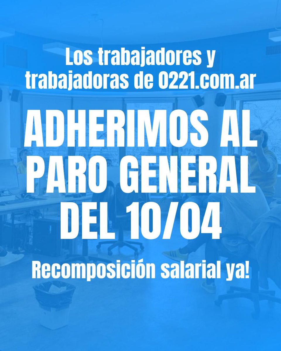 Periodistas0221's tweet photo. LOS TRABAJADORES Y TRABAJADORAS DE @0221comar ADHERIMOS AL PARO 📣

Luego de la asamblea realizada el último martes, los trabajadores y trabajadoras decidimos adherir al paro general convocado para este jueves 10/04.

#RecomposicionSalarialYA https://t.co/BdQoYkauPw