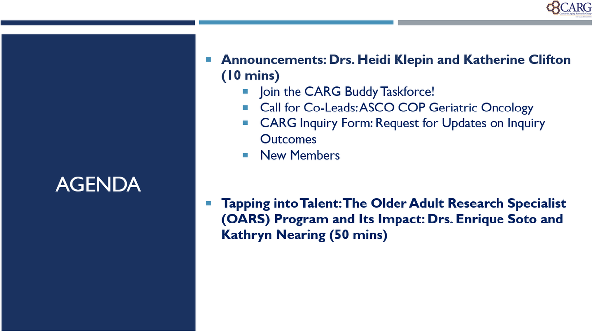 Cancer and Aging Research Group (CARG) #GeriOnc (@mycarg) on Twitter photo 🔉💻 Join us at the upcoming bi-weekly <a href="/myCARG/">Cancer and Aging Research Group (CARG) #GeriOnc</a> meeting!
4/15 at 11am PT/2pm ET
Co-leads: Drs. <a href="/HKlepinMD/">Heidi Klepin</a> And Katherine Clifton
*Agenda*
-Announcements
-Tapping into Talent: The Older Adult Research Specialist (#OARS) Program and Its Impact: Drs. <a href="/EnriqueSoto8/">Enrique Soto</a> and <a href="/KathrynNearing/">Kathryn Nearing</a> 🔉💻 Join us at the upcoming bi-weekly <a href="/myCARG/">Cancer and Aging Research Group (CARG) #GeriOnc</a> meeting!
4/15 at 11am PT/2pm ET
Co-leads: Drs. <a href="/HKlepinMD/">Heidi Klepin</a> And Katherine Clifton
*Agenda*
-Announcements
-Tapping into Talent: The Older Adult Research Specialist (#OARS) Program and Its Impact: Drs. <a href="/EnriqueSoto8/">Enrique Soto</a> and <a href="/KathrynNearing/">Kathryn Nearing</a>