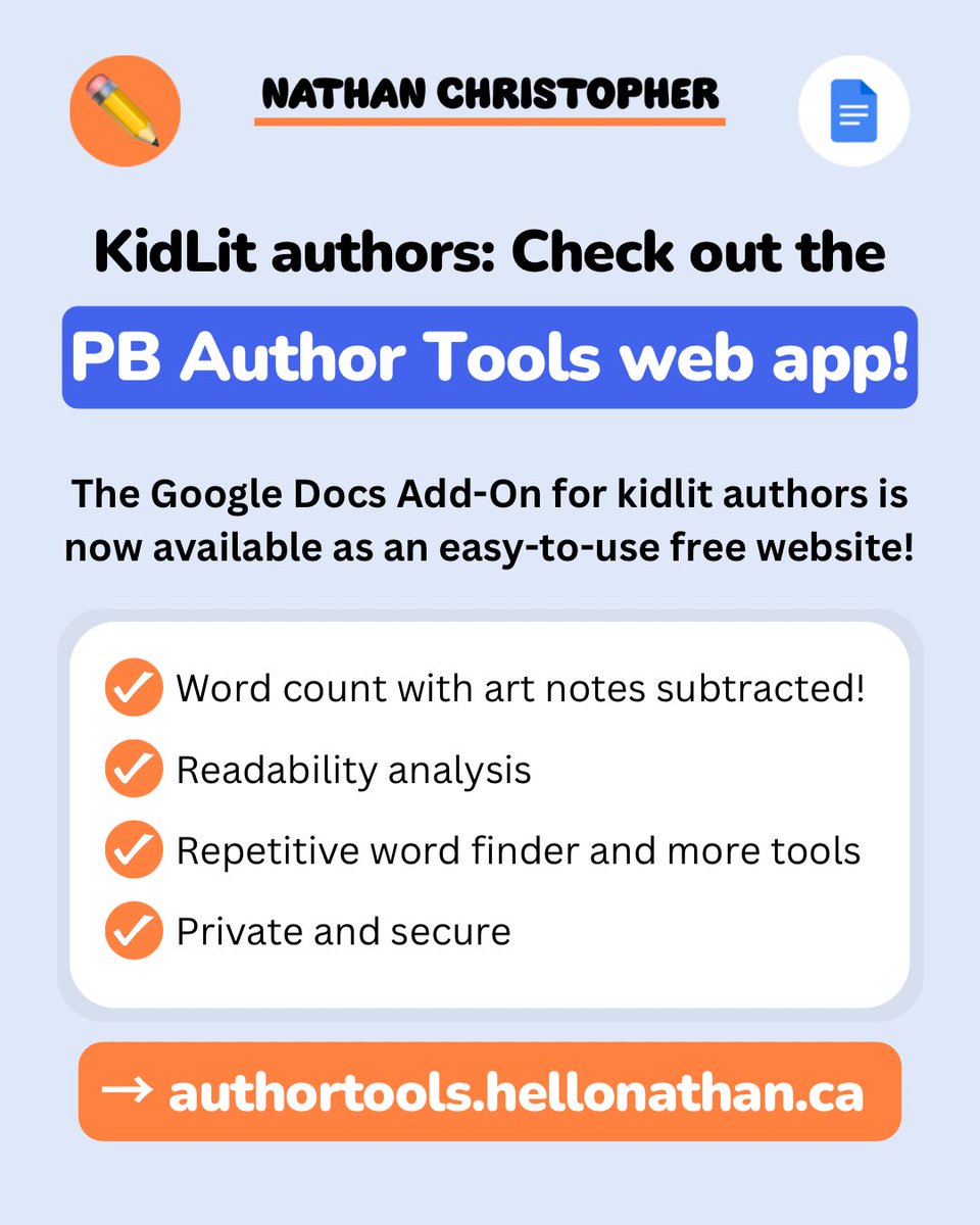 Exciting update! PB Author Tools (the Google Docs Add-on) is now a free standalone web tool. Paste your manuscript from Word or wherever (even on your phone) to see accurate word counts (with art notes subtracted!), word clouds, and more. Check it out: authortools.hellonathan.ca