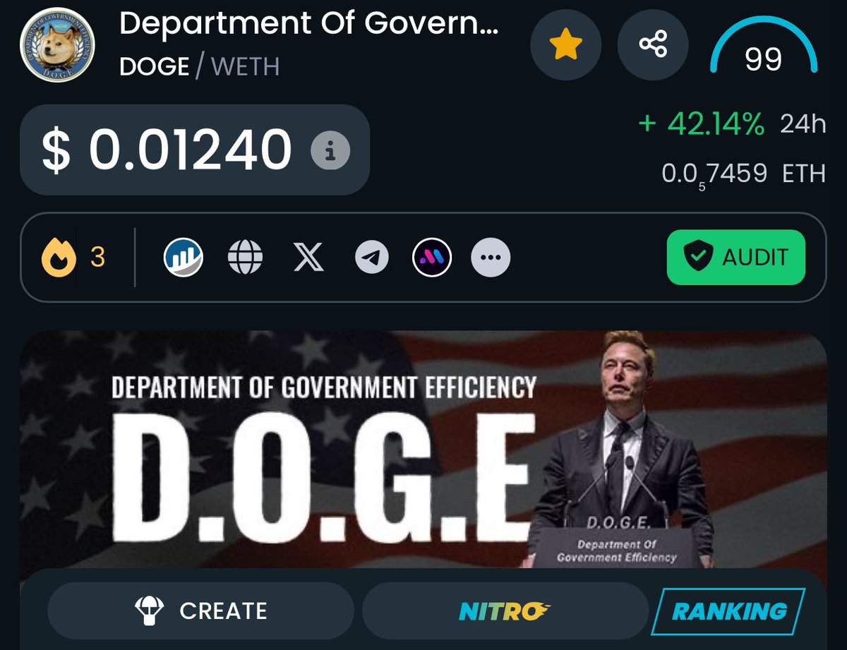 doge_eth_gov's tweet photo. The Department of Government Efficiency memecoin will always be a part of the DOGE Movement. 

Since August 2024, we've been on the case with Elon and the other patriots working to rid the government of waste, fraud and abuse. 

We will continue to work with the same purpose and resolve as the DOGE, regardless of market conditions.

The Golden Age is coming and we will be here for it. 🫡🇺🇸🚀

https://t.co/vtMa4AcZ1j