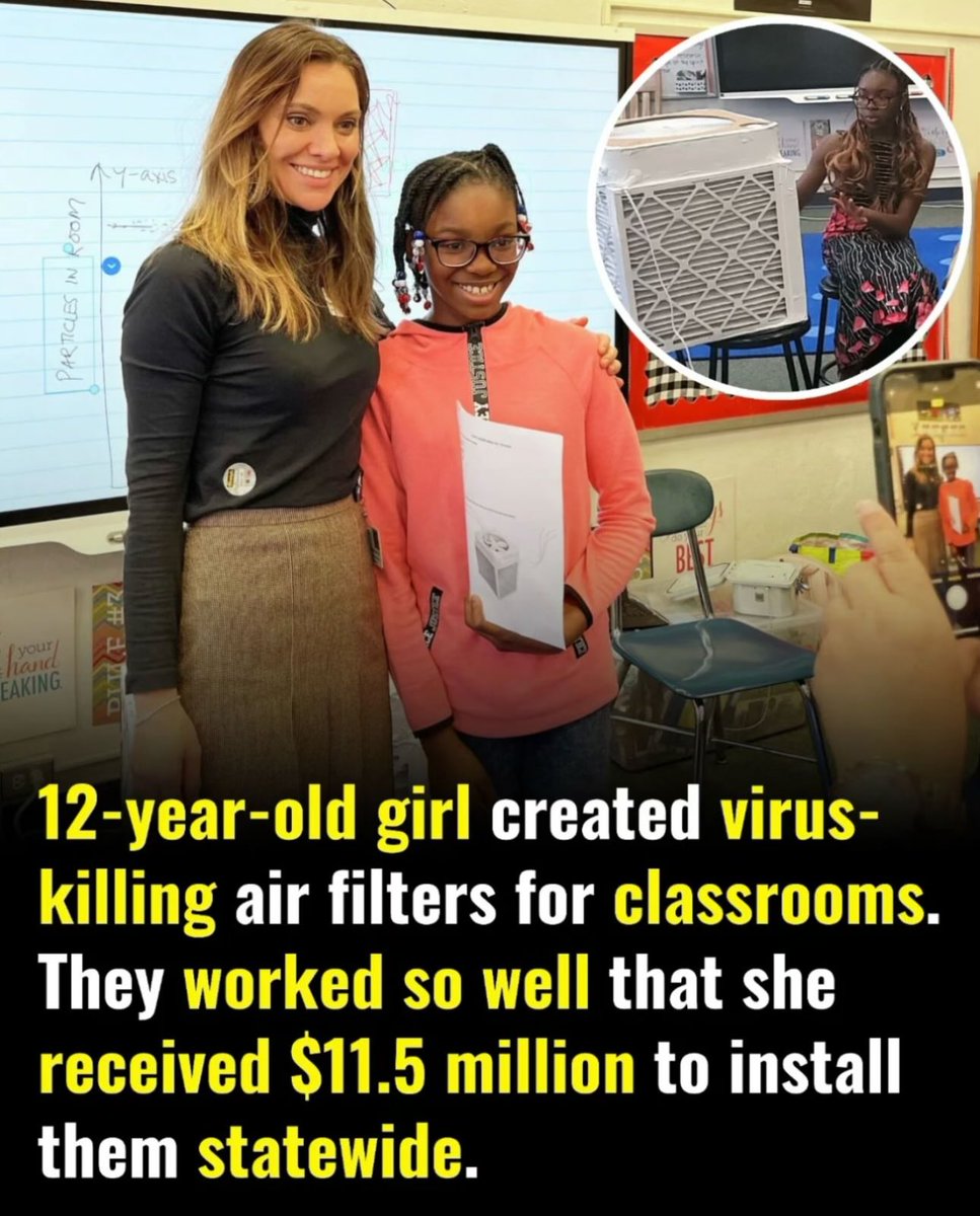 FixingEducation's tweet photo. Middle schooler Eniola Shokunbi's $60 DIY air filter project just received $11.5 million in state funding to make Connecticut classrooms safer.

Tested by the EPA, her invention removes over 99% of viruses from the air using a simple box fan and filters. Eniola hopes her filters reach every classroom-and one day, she plans to run for president!
