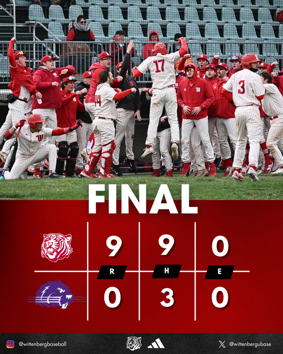 Wittenberg Baseball (@wittenbergubase) on Twitter photo We are back. 
Dietz 3-4 Ground Rule-2B(allegedly)
Royer 2-3 2 2Bs, 3 RBIs
Newton 1-1 2 RBIs
Marando 1-1 2B
Nemunaitis 1-4 2 RBIs
Rodriguez 2 RBIs
Combining for the shutout:
Rust IP, H
Eickhoff IP, 0 H, 3 Ks
Anthony 2 IP, H
Thewes (W) 2 IP, K
Mahon 2 IP, H, 2 Ks
Schafer IP, 3 Ks We are back. 
Dietz 3-4 Ground Rule-2B(allegedly)
Royer 2-3 2 2Bs, 3 RBIs
Newton 1-1 2 RBIs
Marando 1-1 2B
Nemunaitis 1-4 2 RBIs
Rodriguez 2 RBIs
Combining for the shutout:
Rust IP, H
Eickhoff IP, 0 H, 3 Ks
Anthony 2 IP, H
Thewes (W) 2 IP, K
Mahon 2 IP, H, 2 Ks
Schafer IP, 3 Ks