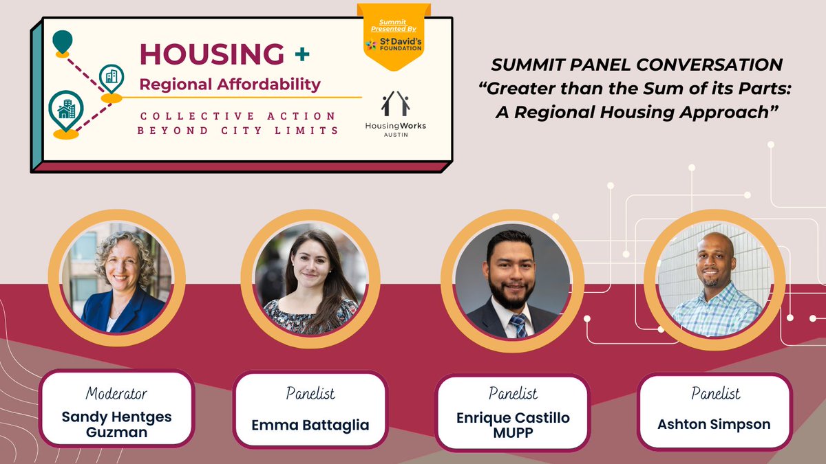 You won't want to miss this panel conversation: “Greater than the Sum of its Parts: A Regional Housing Approach”. Register for the summit today! 

housingworksaustin.org/summits/2025-s…