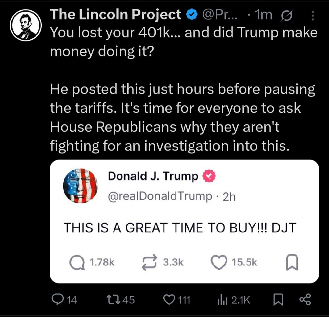 Pump n dump at its best at rhe expenses of Americans l now Imagine someone saaay...the potus..encouraging ppl to buy &amp; invest in a volatile market, hours before you roll back your tarriffs, knowing it will cause the market to temporarily soar.. <a href="/trump/">The Trump Organization</a> = POS CON MAN