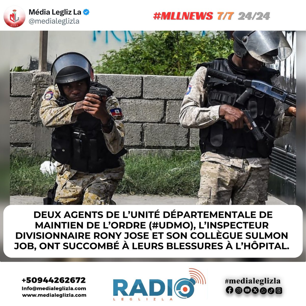 medialeglizla's tweet photo. Deux agents de l’Unité Départementale de Maintien de l’Ordre (#UDMO), l’inspecteur divisionnaire Rony Jose et son collègue Sulmon Job, ont succombé à leurs blessures ce mercredi 9 avril à l’hôpital. Les deux policiers ont été mortellement atteints par balles lors d’une intervention sur la route de l’aéroport, alors qu’ils tentaient de contrecarrer un enlèvement en cours perpétré par des hommes lourdement armés. Formateurs au sein de l’#UDMO, ils ont été fauchés en pleine mission, laissant derrière eux un profond sentiment de deuil au sein de la corporation policière.

#MLLnews
#Leglizlive
#medialeglizla
