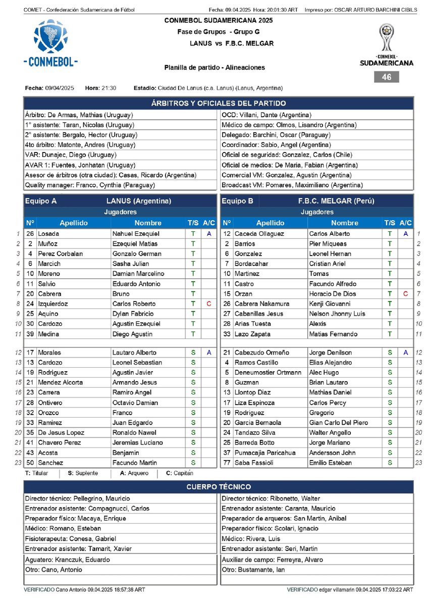 #CopaSudamericana Las formaciones para el choque entre 🇦🇷 <a href="/clublanus/">Club Lanús</a> y 🇵🇪<a href="/MelgarOficial/">FBC Melgar</a> en el 🏟️ Ciudad de Lanús.