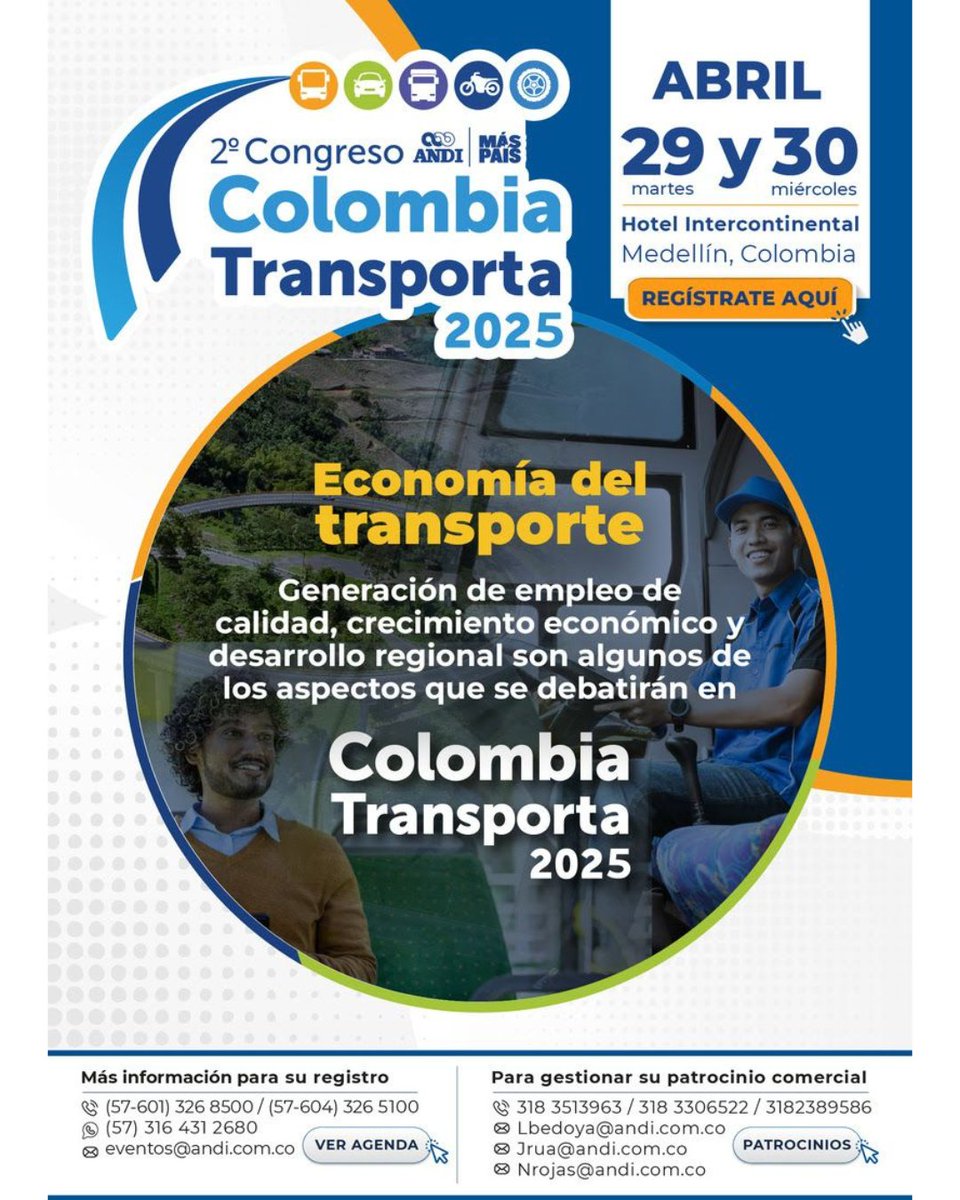 PIT_UN's tweet photo. ¡Se viene el 2° Congreso Colombia Transporta 2025! Este 29 y 30 de abril nos vemos en Medellín para hablar sobre la economía del transporte, generación de empleo de calidad, crecimiento económico y desarrollo regional.

Inscríbete aquí:
https://t.co/ebgEG9eTu6 https://t.co/u0wNHEjd5s