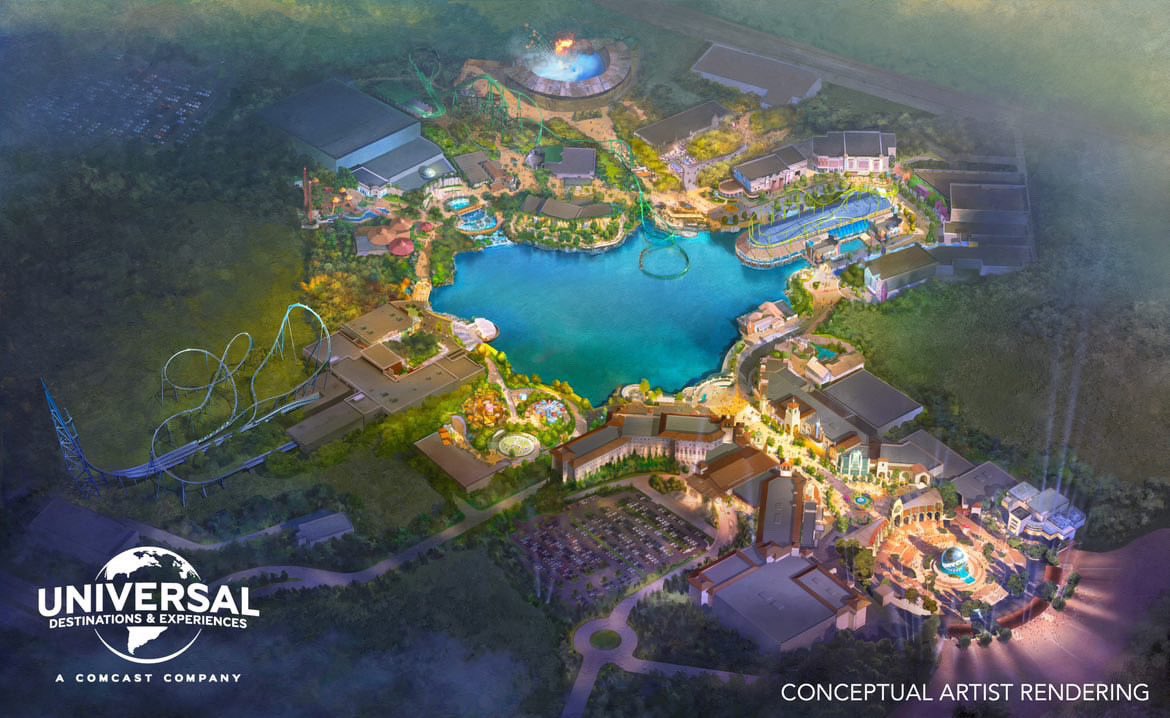 Leaked plans suggest that Comcast have purchased 'Speed: No Limits' from the now defunct Oakwood Theme Park for use at Universal Studios Great Britain. 

This is heavily rumoured to be the track seen atop the building on the right hand side of the plan.