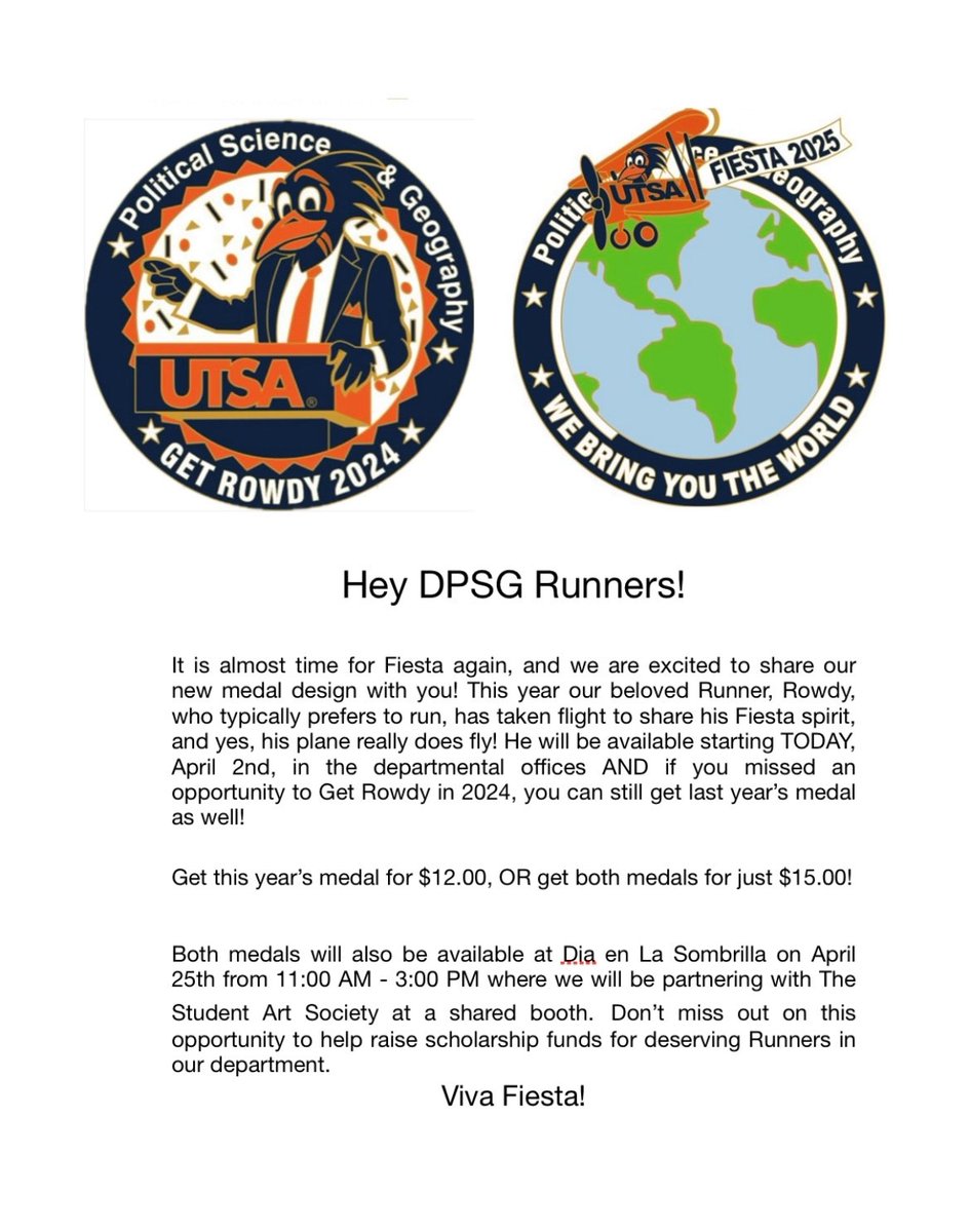 Howdy, Runners!  It's that time of year again for Fiesta Here's the design for this year’s DPSG medal! While this Runner's education may give him wings, Rowdy will carry his love of this city's rich traditions and his Fiesta spirit forever! #UTSA #Fiesta2025