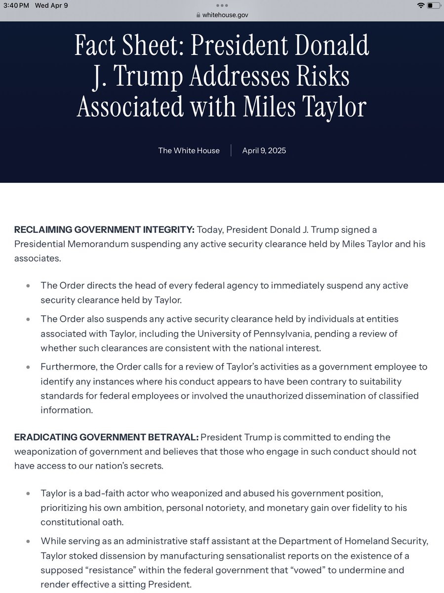 MrsCsCookies's tweet photo. .@POTUS Memo suspending any active security clearance held by Miles Taylor &amp; his associates 👀

The FBI document appears to list meetings that Taylor had with .@GenFlynn’s lobbying organization, the Flynn Intel Group, in Oct 2016. https://t.co/hh1vMMzvTv

https://t.co/91gBbW2xsF https://t.co/8BvYpZtbVi