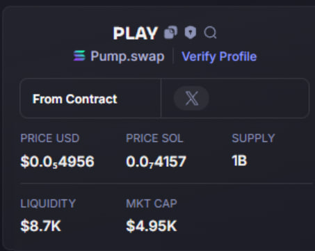 BalboaEmmi49431's tweet photo. 🪙 SOL / $PLAY #PLAY
CA :
EcjSH3j2Jd4icauLUgeeFT1tXFjykRyrLxbq4CMQpump
DONE : 150X
I Called 4K —-> 748K (CAP) ⚡️
⚡️ Join Early Call : https://t.co/B4282DR05e
$BTC $ETH $XRP $SOL $BNB $DOGE $ADA $TRX $LINK $AVAX $SUI #PUMPWSWAP $TON $SHIB #TRADE https://t.co/VIUQjIqEr8