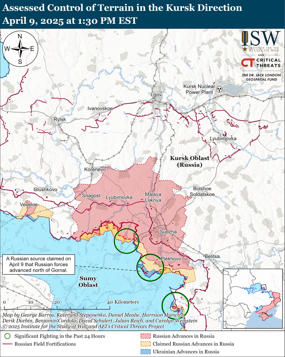 TheStudyofWar's tweet photo. NEW: Russian forces continue to marginally advance in the Sumy-Kursk Oblast border area, but the Russian force grouping in the area will likely be unable to launch a major offensive operation against Sumy City in the near term without receiving significant reinforcements. ⬇️(1/3)

The Russian military command is likely attempting to form a buffer zone along the international border in Sumy Oblast, although Russian commanders may intend to press further into Sumy Oblast and towards Sumy City in the future.

Russia continues to utilize North Korean troops in Kursk Oblast, but ISW has not yet observed indications that North Korean troops are operating as combat forces in Ukraine.