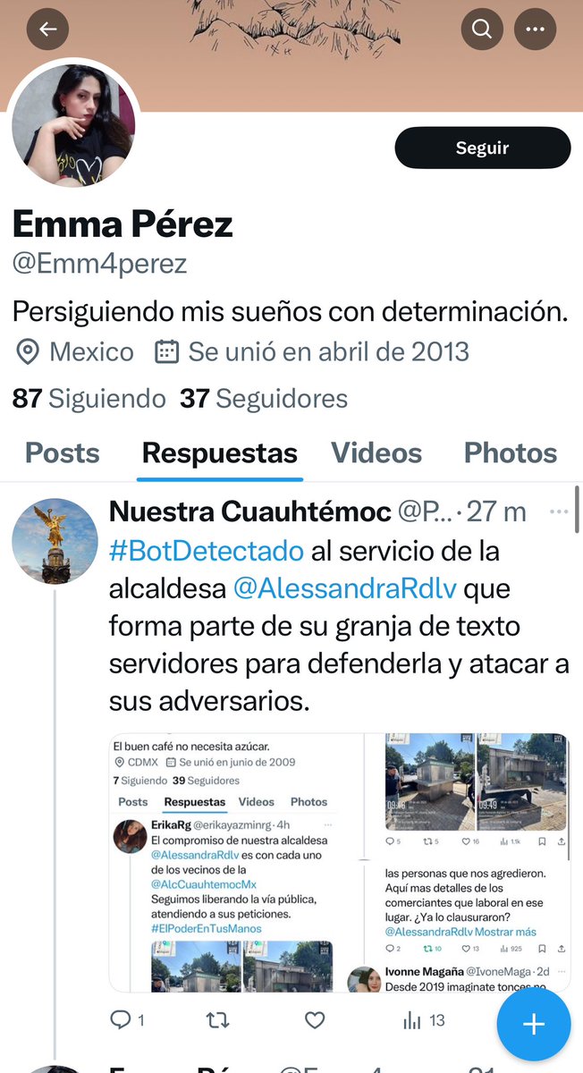 PorCuauhtemoc's tweet image. Otro #BotDetectado al servicio de la alcaldesa de @AlcCuauhtemocMx para defenderla ya que de manera orgánica y natural no ha encontrado quien lo haga.