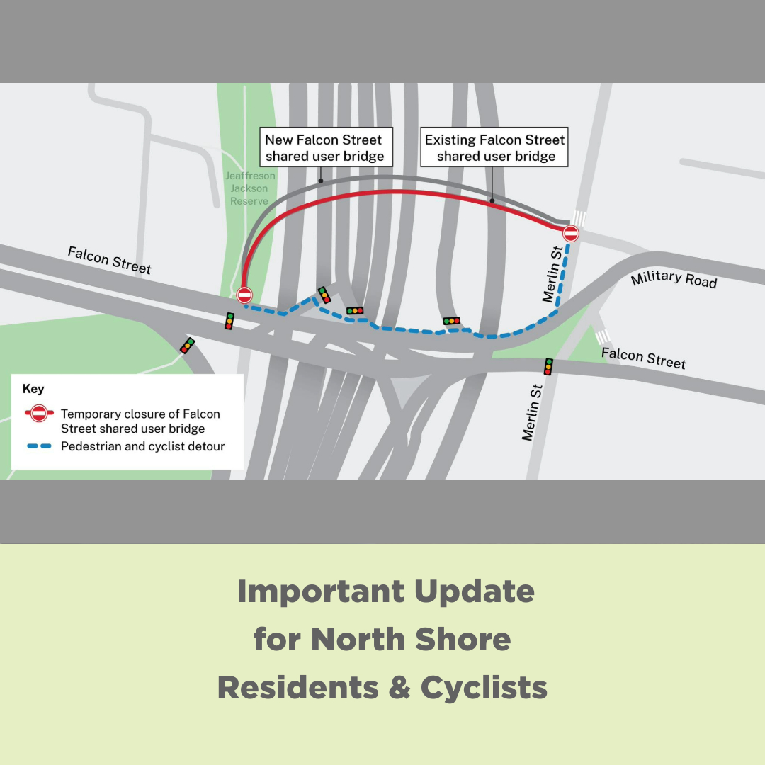 BicycleNSW's tweet photo. 🚧 Falcon St shared user bridge closes tonight until 21 July for upgrades. Detours in place—plan your route! Details: https://t.co/9OOPPW1n7r
@BicycleNSW #TransportNSW https://t.co/0S2w3nEkYR