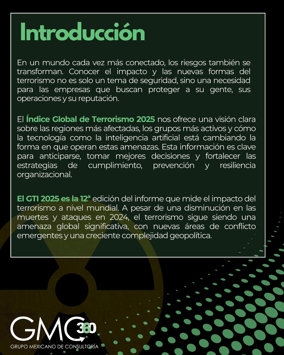 GMC360_'s tweet photo. ¿Está tu organización realmente preparada para las amenazas del terrorismo en 2025?
El nuevo Índice Global de Terrorismo 2025 revela datos importantes 
Te compartimos el resumen

Contáctanos:
atencionaclientes@gmc360.com.mx
https://t.co/V8ZUBLmUcF
(56) 1984 5369 | (55) 9418 0074 https://t.co/jRnyuhQ4ov