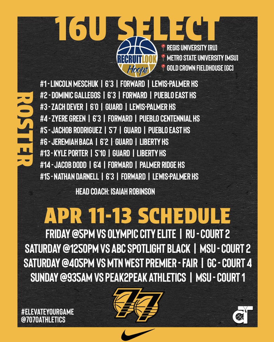 16U Weekend Schedule Release for <a href="/RL_Hoops/">RecruitLook Hoops</a> Denver Showcase!!

Updates throughout the weekend will be posted here and to our IG story (<a href="/7070Athletics/">7070Athletics</a>)

**Any schedule changes can be found on the Tourney Machine App**

#ElevateYourGame | #WeComin |  #LoyalToTheSprings