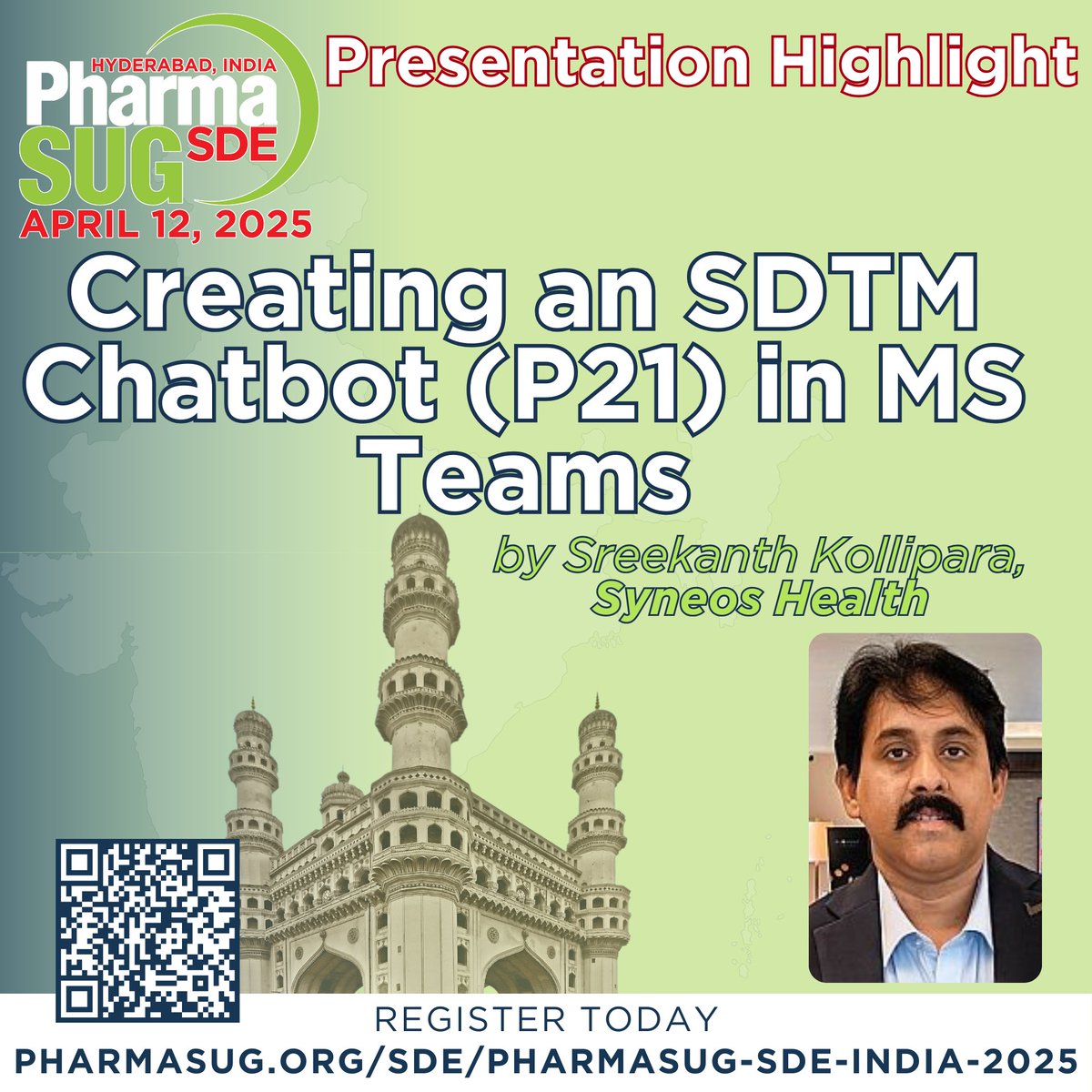 pharmasug's tweet image. This presentation by Sreekanth Kollipara (@SyneosHealth) explores how to build an #SDTM #chatbot in MS Teams—no programming required—based on #P21 guidance for self-learning, #standardization, and team-wide support. 📍 Hyderabad, India | April 12, 2025 – Register now