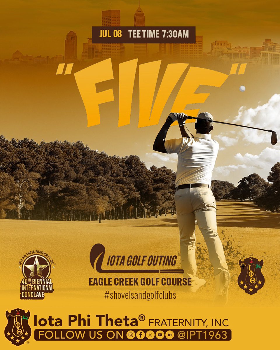 Theta Men! Calling all golfers! 

We're kicking off Conclave right with our Golf Outing at Eagle Creek Golf Course. Are you registered for Conclave? We're hitting the links on July 8th. 

Get registered at register.iotaphitheta.org 

#Ipt1963 #IotasinIndy #shovelsandgolfclubs