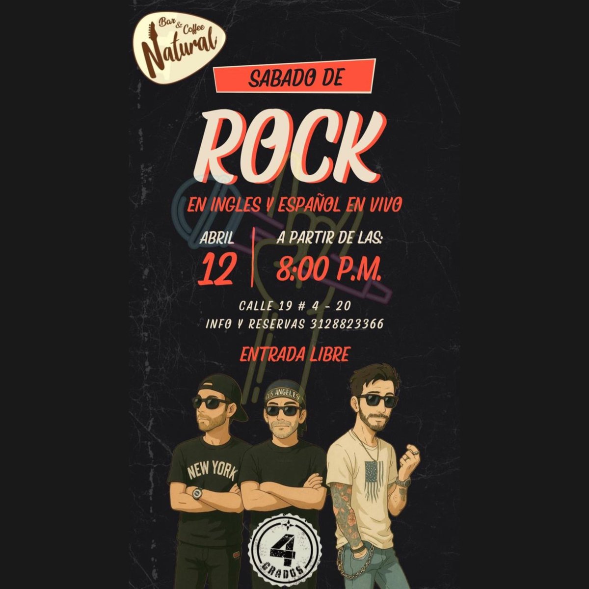 4GradosOficial's tweet photo. Inicio de Semana Santa Rockera con nuestra banda invitada 🔥4  G R A D O S.
 Y Clásicos en Español e Inglés 

📅 Fecha: Sábado 12 de Abril
🕖 Hora: Show en vivo desde las 7:30 PM
📍 Lugar: Calle 19 # 4 -20, Centro - Bogotá 
🎟 Reservas: 312 882 3366 https://t.co/0mbTF6vbuk