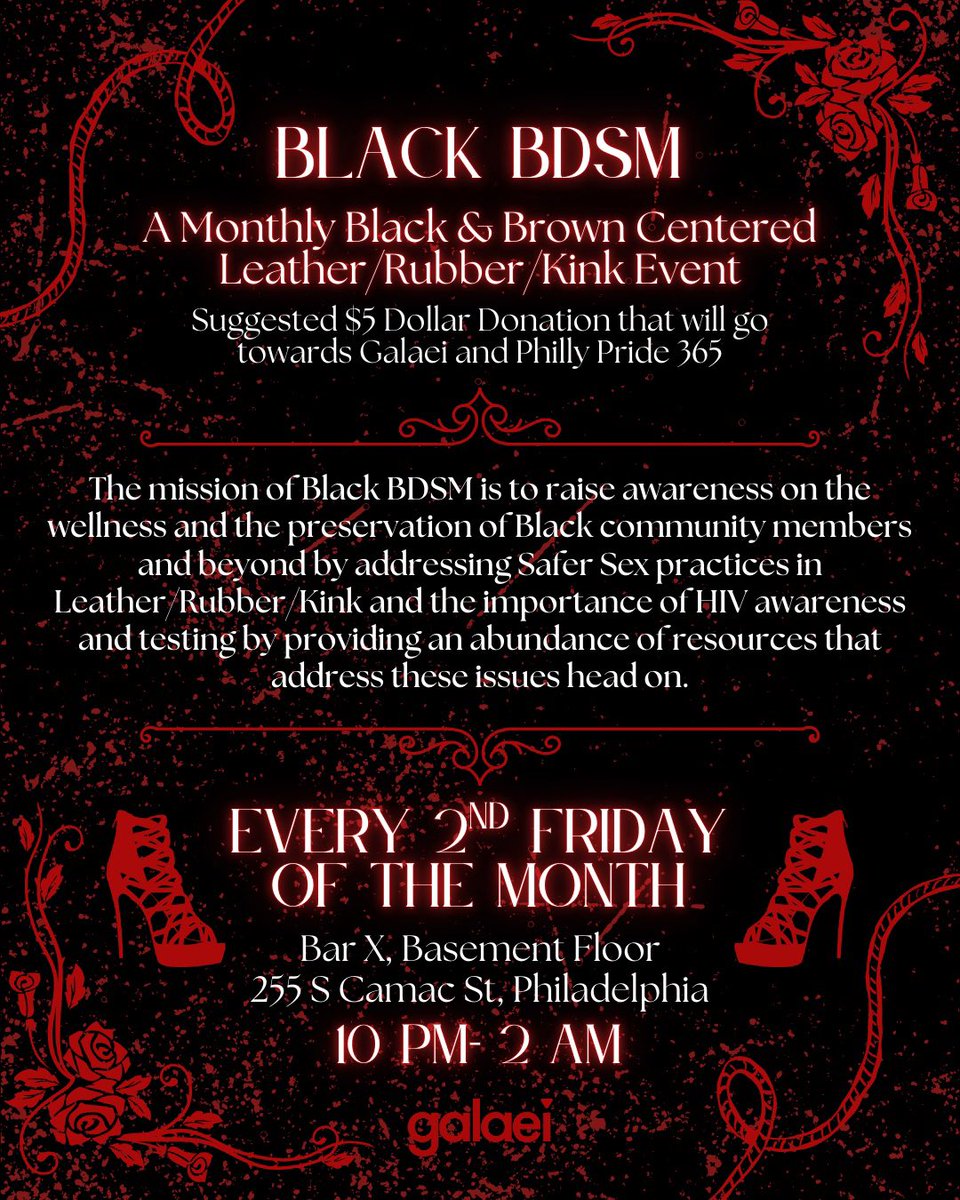 Black BDSM: A Monthly Black &amp; Brown Centered Leather/Rubber/Kink event 

Every 2nd Friday of the Month

Bar X

10 PM-2 AM

Free with a suggested $5 dollar donation to Galaei 🖤