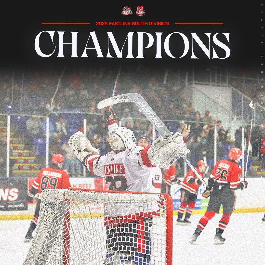 weekscrushers's tweet photo. Your 2025 Eastlink South Division Champions!!

With a big 2-1 victory over the Truro Bearcats, The Crushers defeat the Bearcats 4-0 in the best of 7 series and move on to the Maritime Hockey league Finals! https://t.co/kDUltWAudb