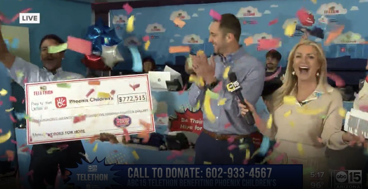 abc15's tweet photo. THANK YOU, Jersey Mike's Subs! Your $772,513 donation is changing lives at Phoenix Childrenâs! đ Thereâs still time to make an impactâcall 602-933-4567 or donate at https://t.co/ibNcCuWEif! #abc15telethon #PCHeroes https://t.co/7Tlvy7JIcI