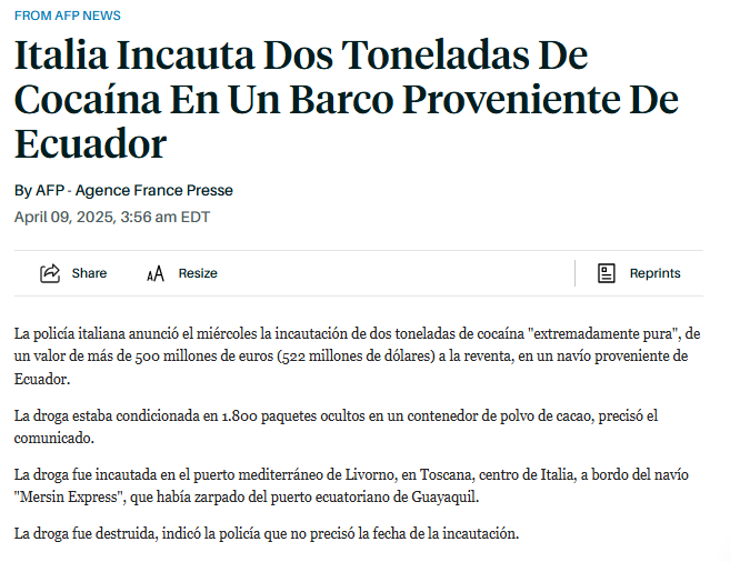 Un post desesperado esfuerzo de <a href="/ppsesa/">José Serrano Salgado</a> , en el que acaba de mentir escandalosamente sobre un alijo de cocaína, transportado en un barco que llevaba polvo de cacao y mas no banano

Parece que la inminente re-elección de <a href="/DanielNoboaOk/">Daniel Noboa Azin</a> es inevitable 💪

x.com/ppsesa/status/…