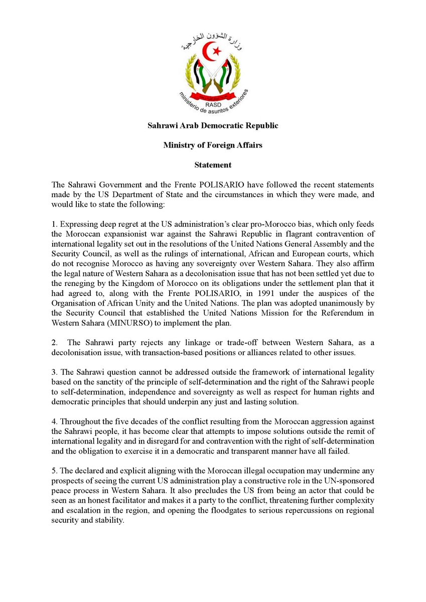SidiOmarNY's tweet photo. The Sahrawi Government and the Frente #POLISARIO express deep regret at the US administration’s clear pro-Morocco bias, which only feeds the Moroccan expansionist war against the Sahrawi Republic🇪🇭 in flagrant contravention of international legality - Statement. https://t.co/WNUbigAwub